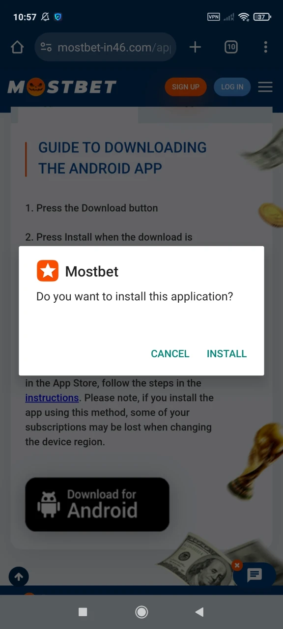 Start installing the Mostbet app for Android.