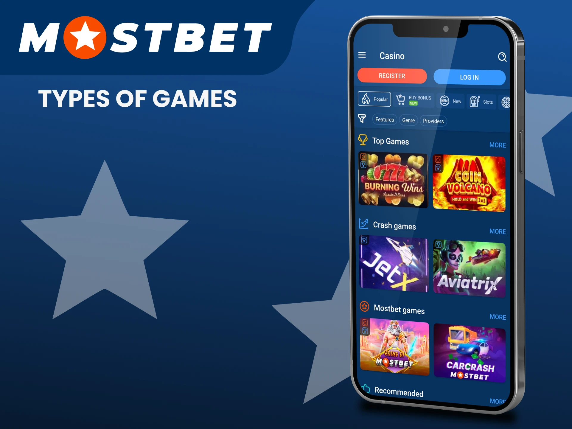 Visit the casino section for games in the Mostbet app.