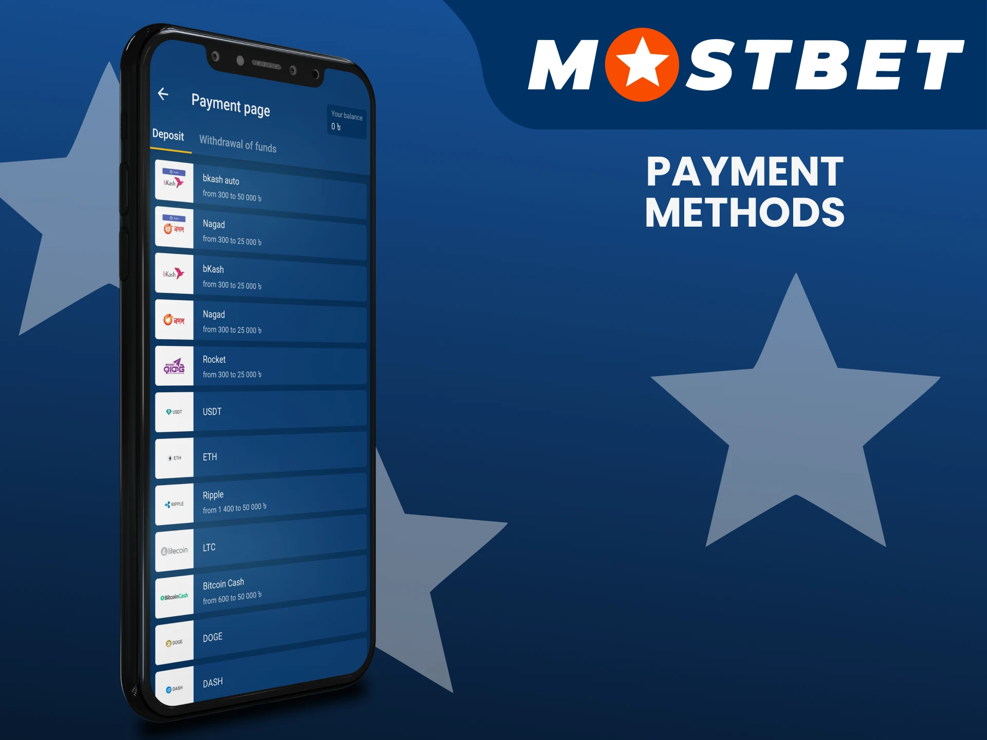 Select a payment method in the Mostbet application.