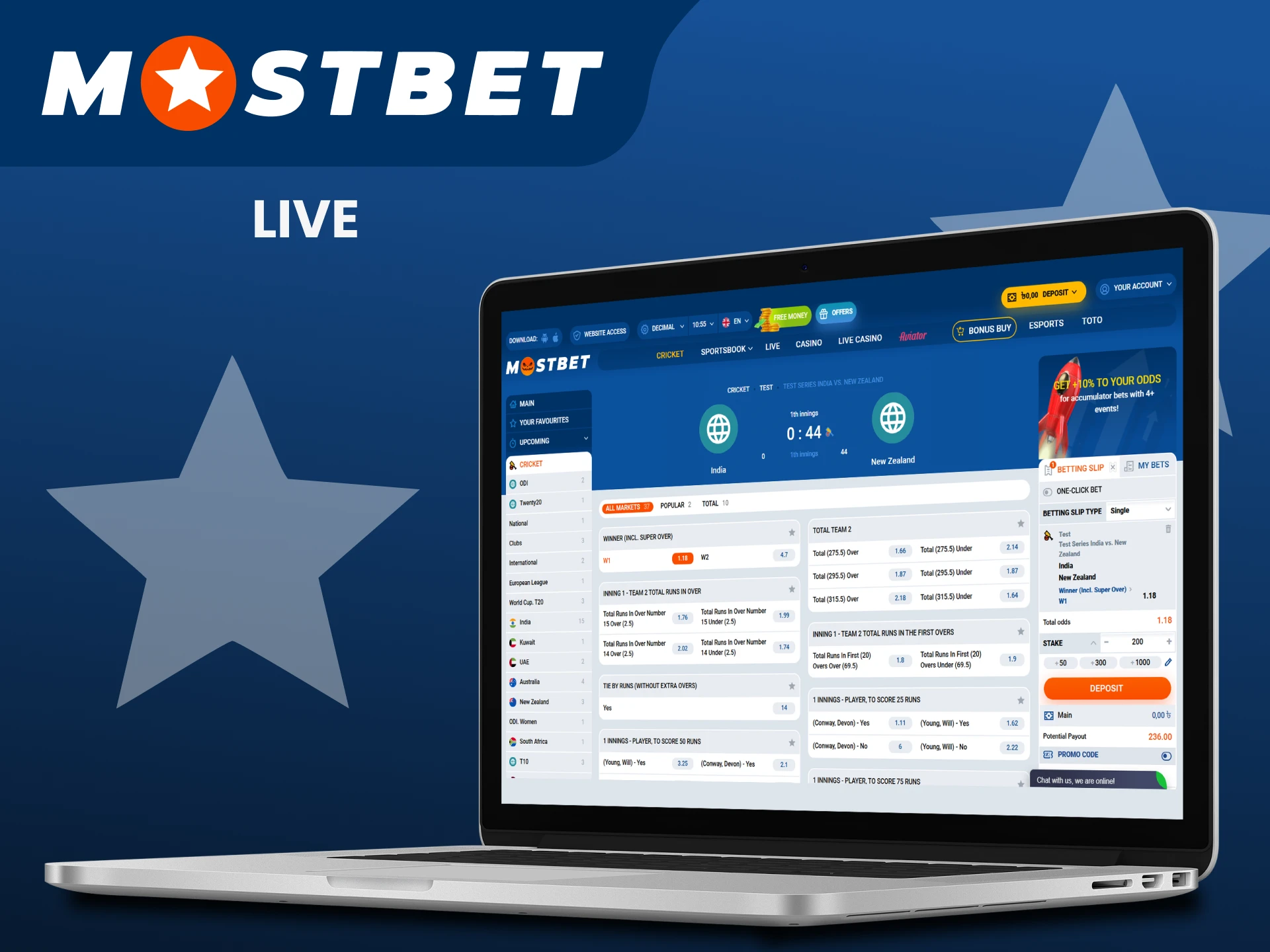 Bet on live cricket events with Mostbet.