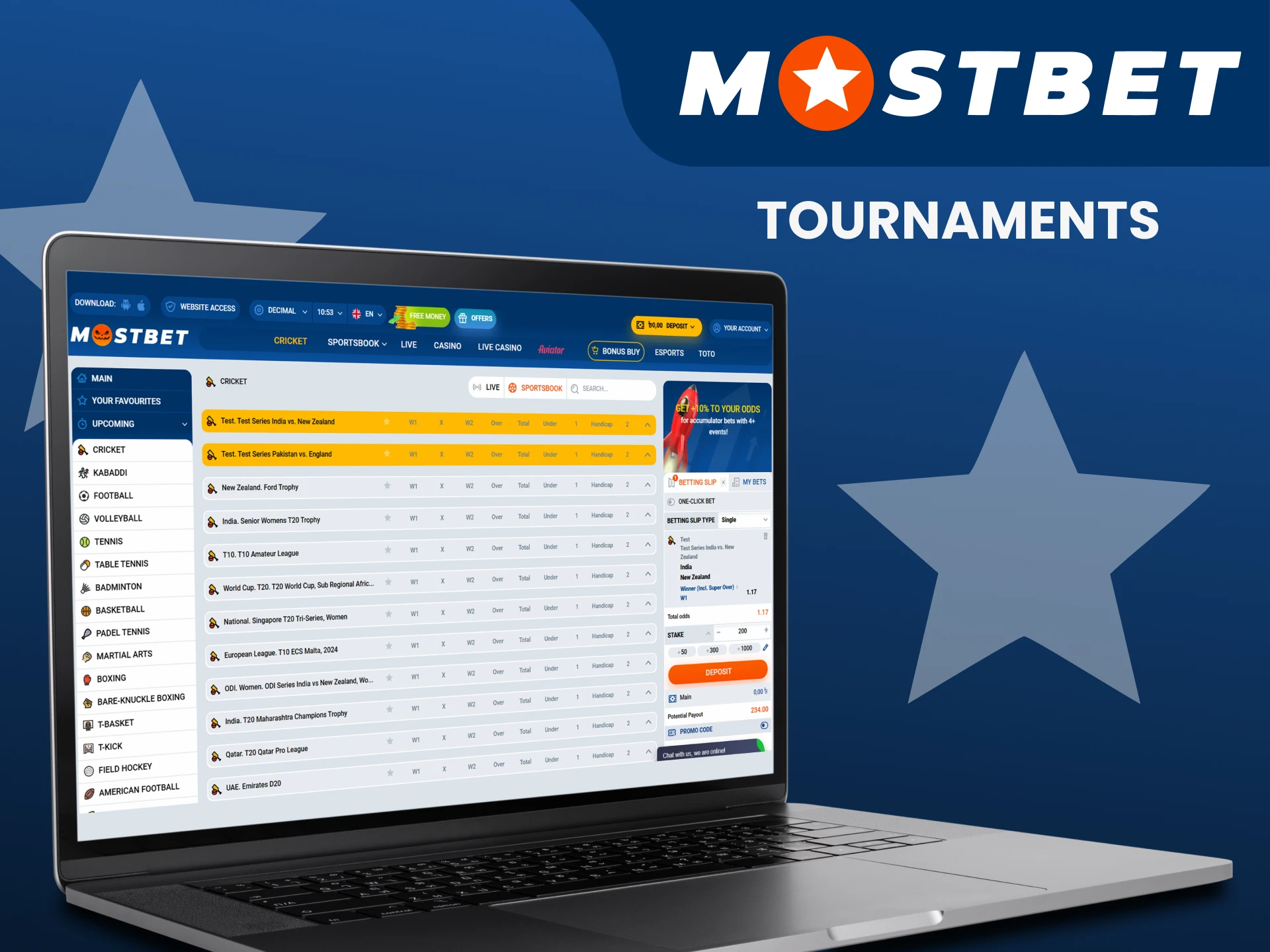 We will tell you about cricket tournaments for betting on Mostbet.