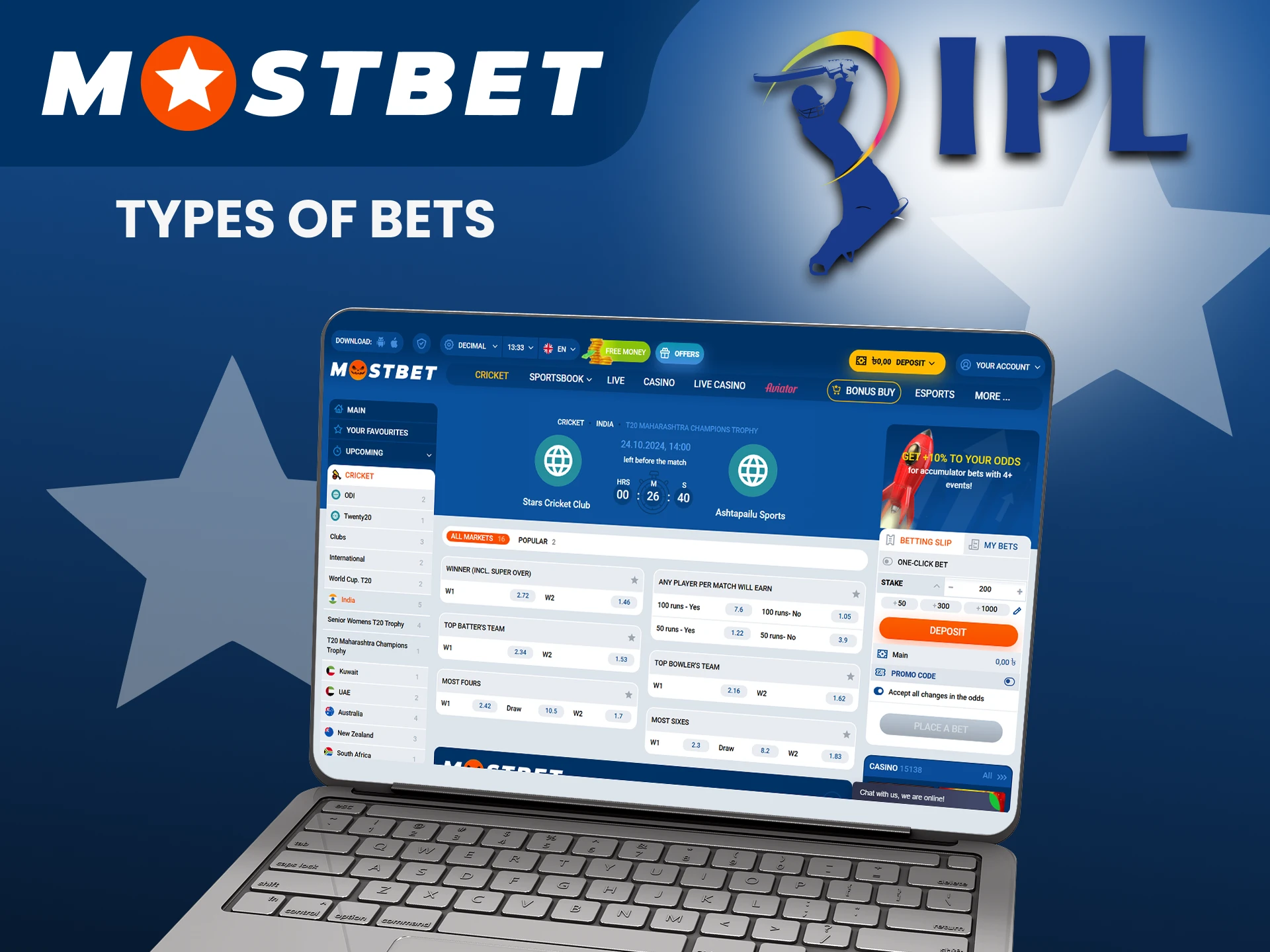 We will tell you about the types of bets in the IPL league from Mostbet.