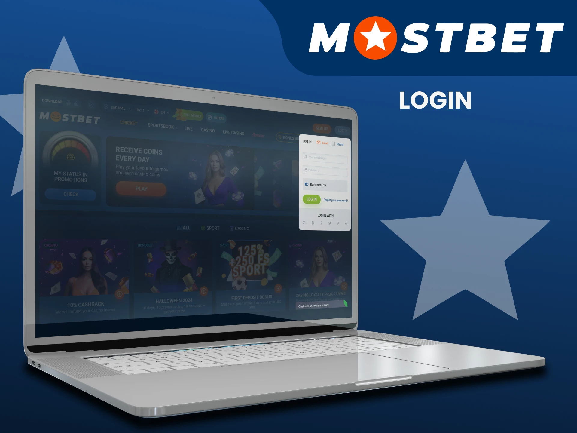 Log in to your personal Mostbet website account.