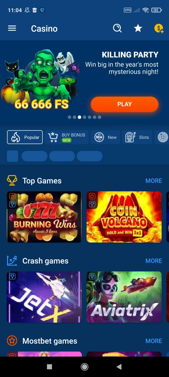 Mostbet has a games section.