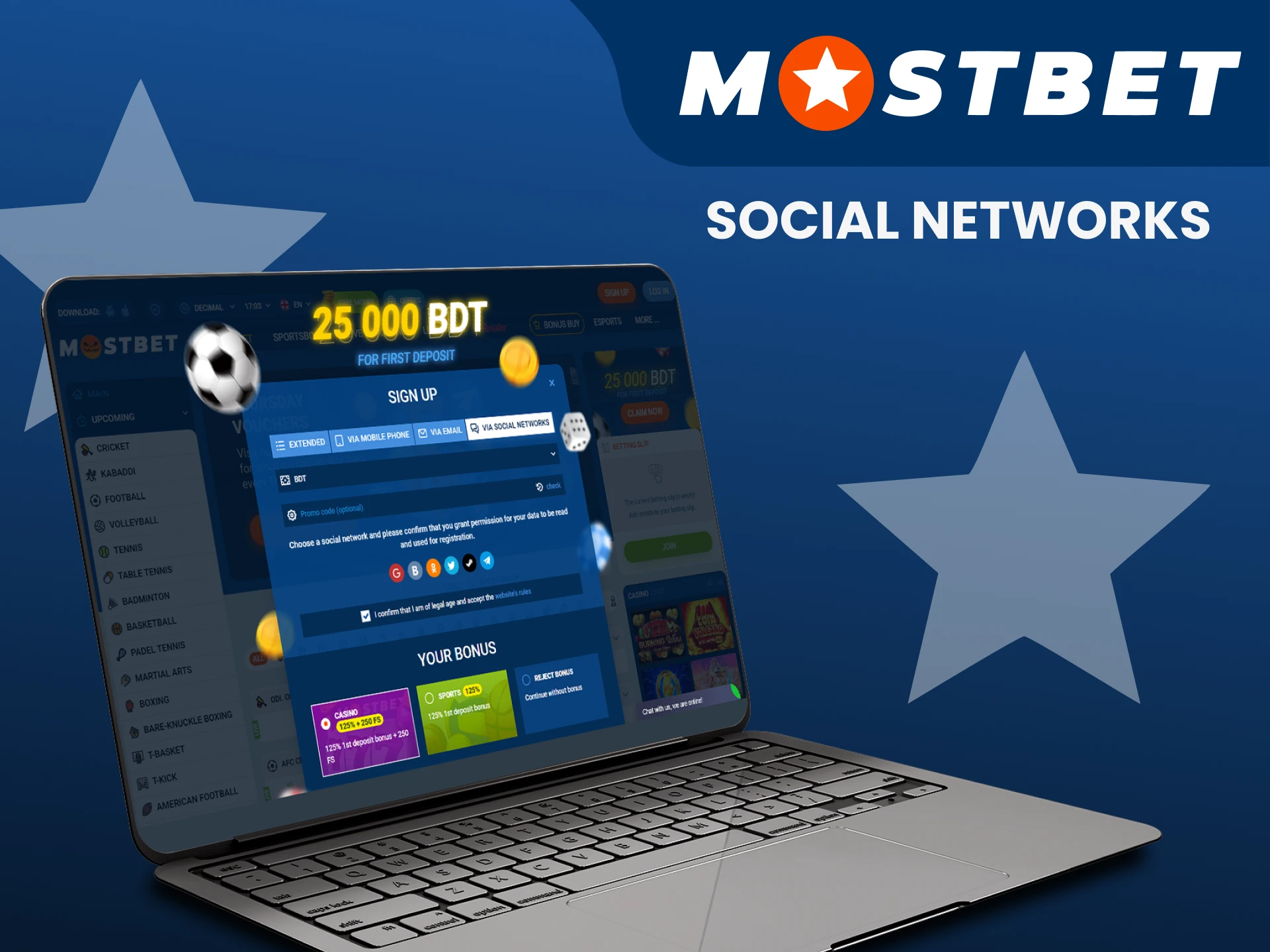 Register with Mostbet via social networks.