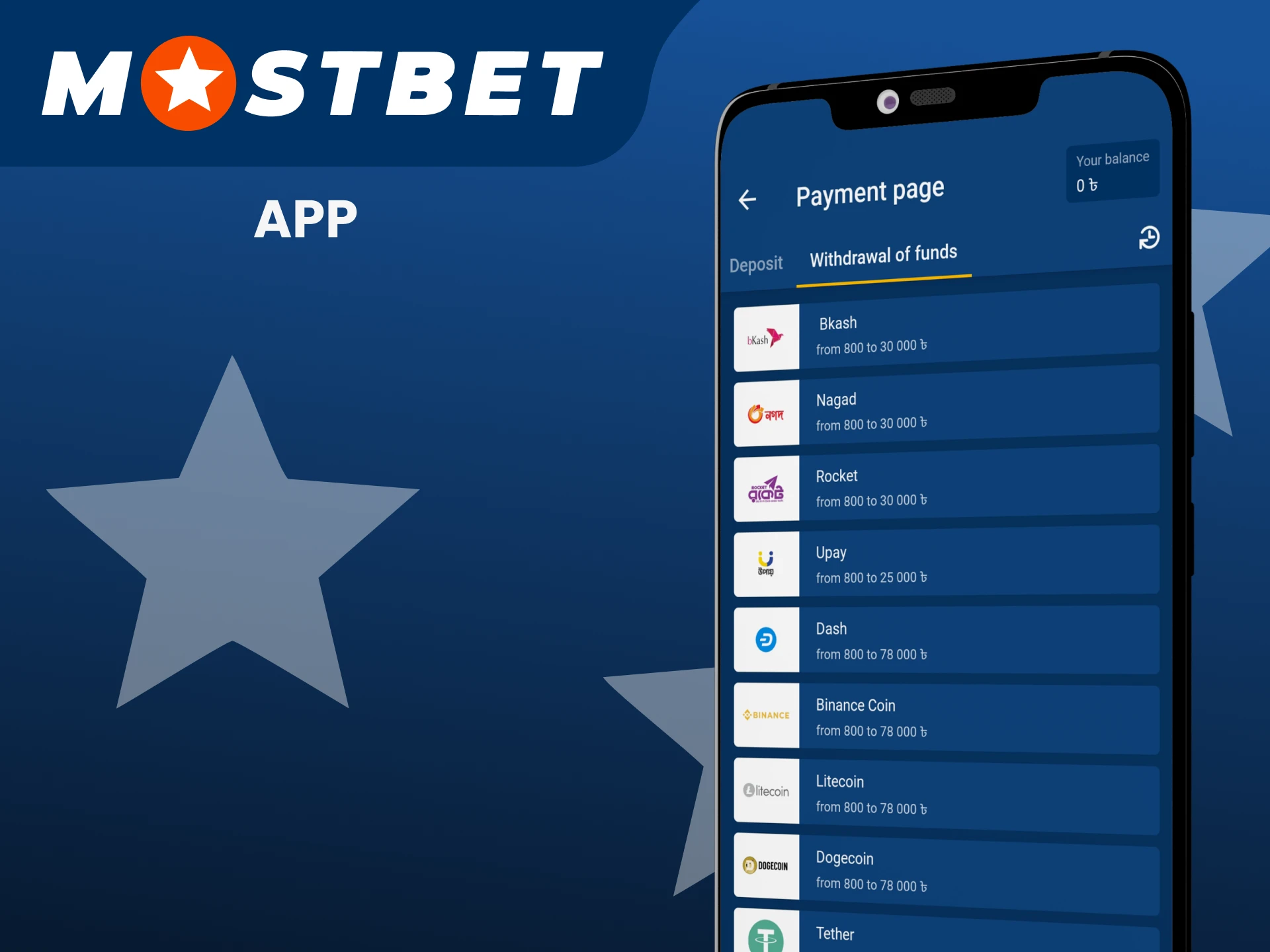 Withdraw funds to the Mostbet app.