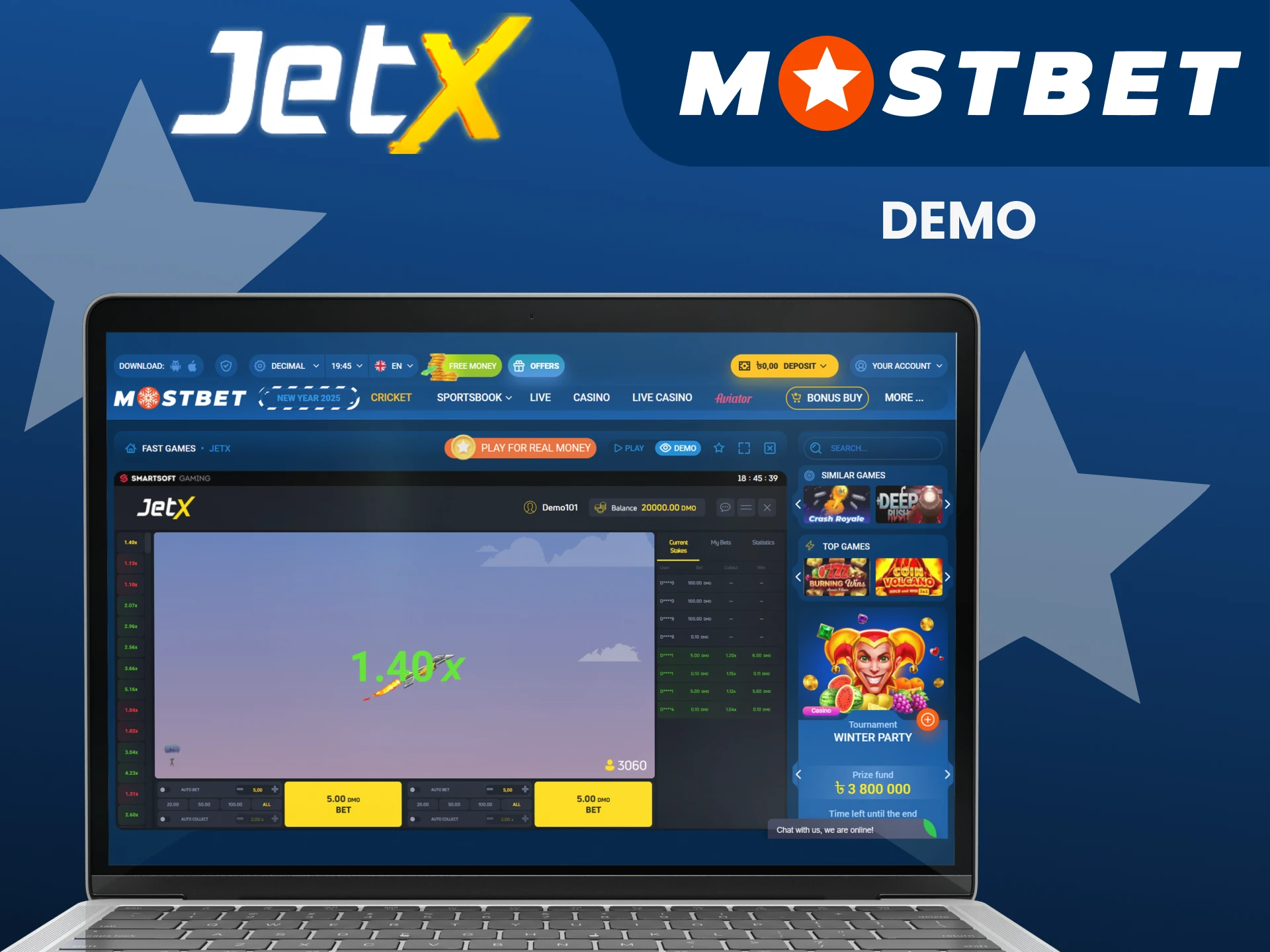 Practice in the demo version of the Jetx game from Mostbet.