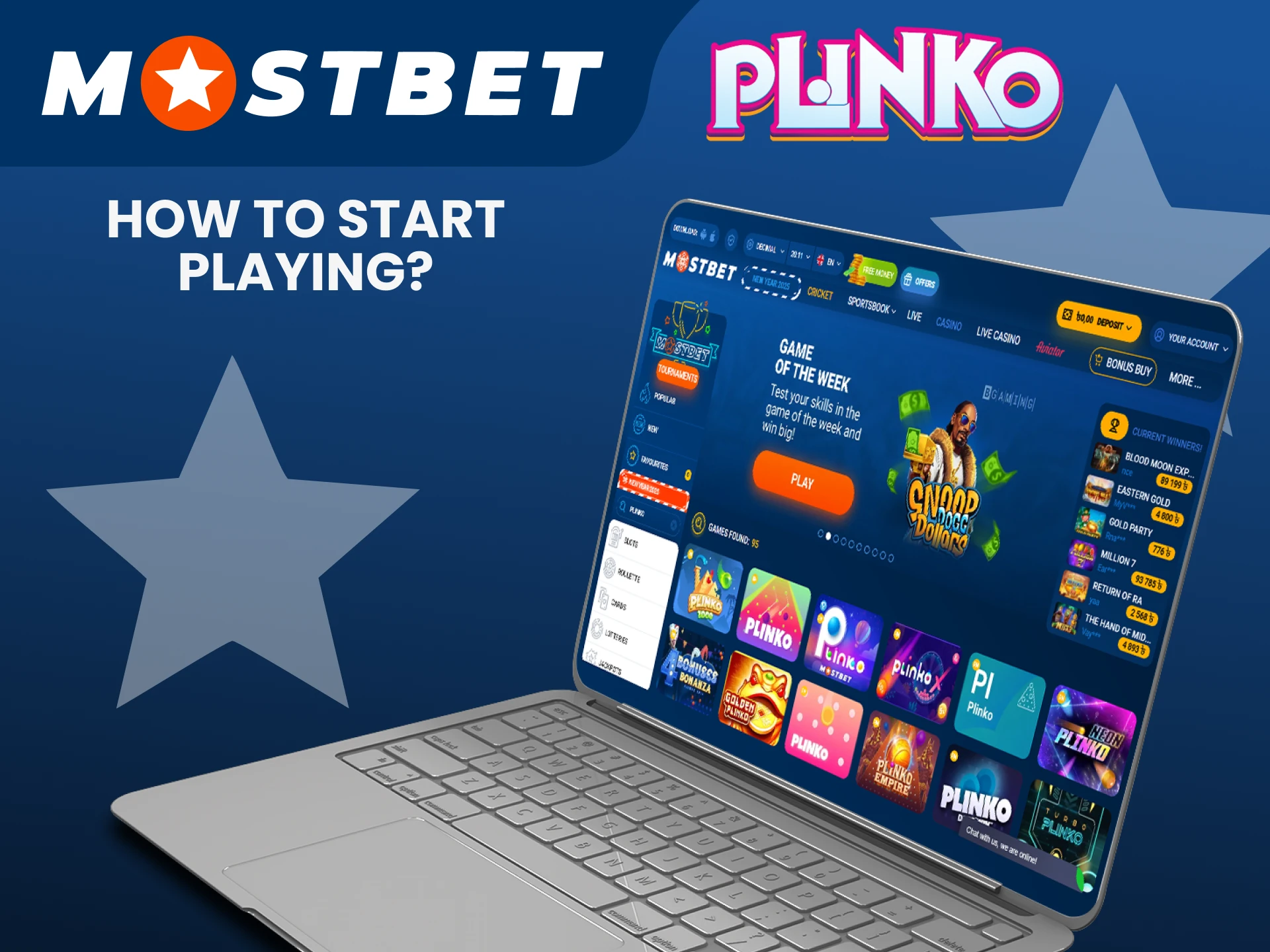 Go to the casino section on Mostbet to play Plinko.