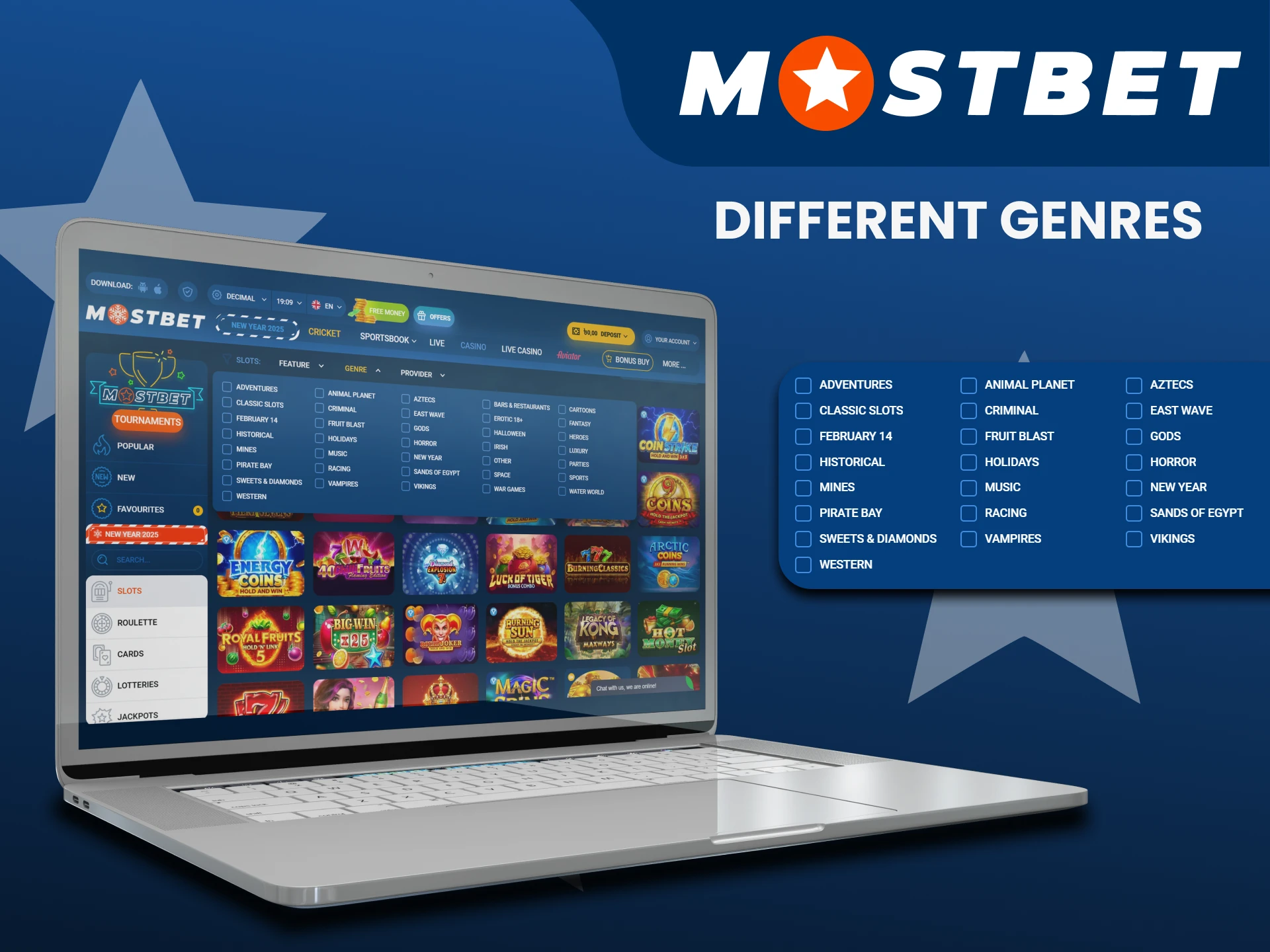 Choose your favorite slot genre for games on Mostbet.