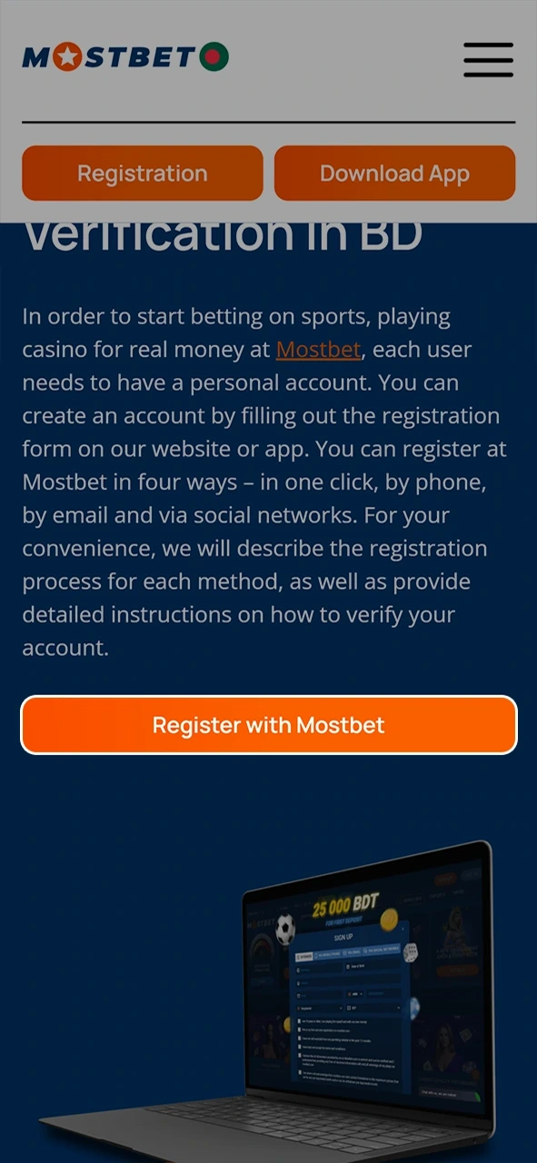 Click on the button to start registering at Mostbet.