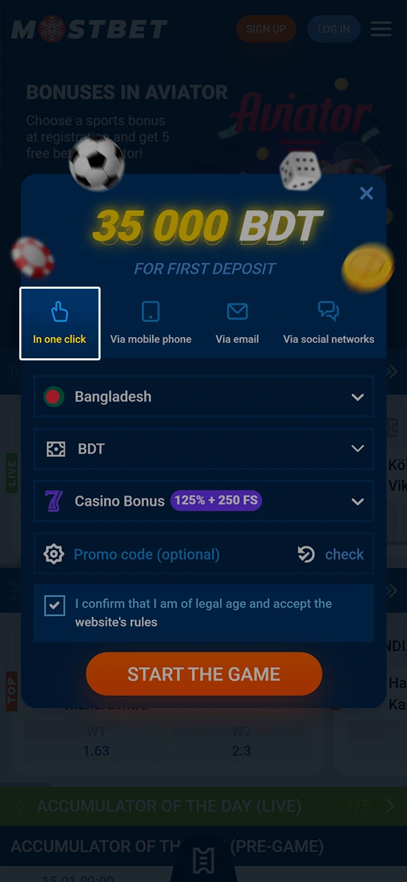 Choose the one-click registration option at Mostbet.