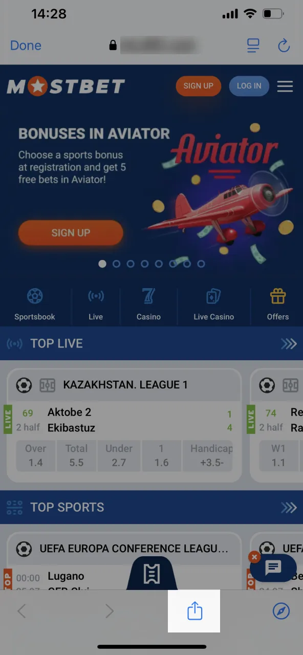 Access Mostbet sharing options via Share button.