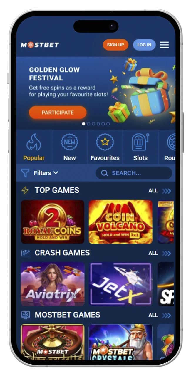 Play a wide range of casino games on the Mostbet iOS app.