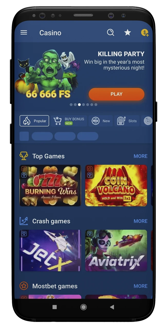 Explore the games in the Mostbet app.